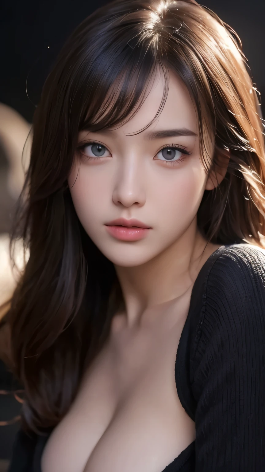 masterpiece, best quality, ultra-detailed, intricately detailed hyperdetailed, realistic, sharp features, highly detailed, sharp focus, perfect face, perfect face, perfect symmetrically perfect eyes, perfect full lips, flexible female form, cinematic, film light, hyper detailed, hyper realistic, high resolution, vibrant, dynamic studio lighting, nsfw, ((Dark background)), Sexy face, Facial expressions when receiving pleasure, straight Bangs, Big breasts, Exposed cleavage, blue Eyes,black sweater, cowboy shot,