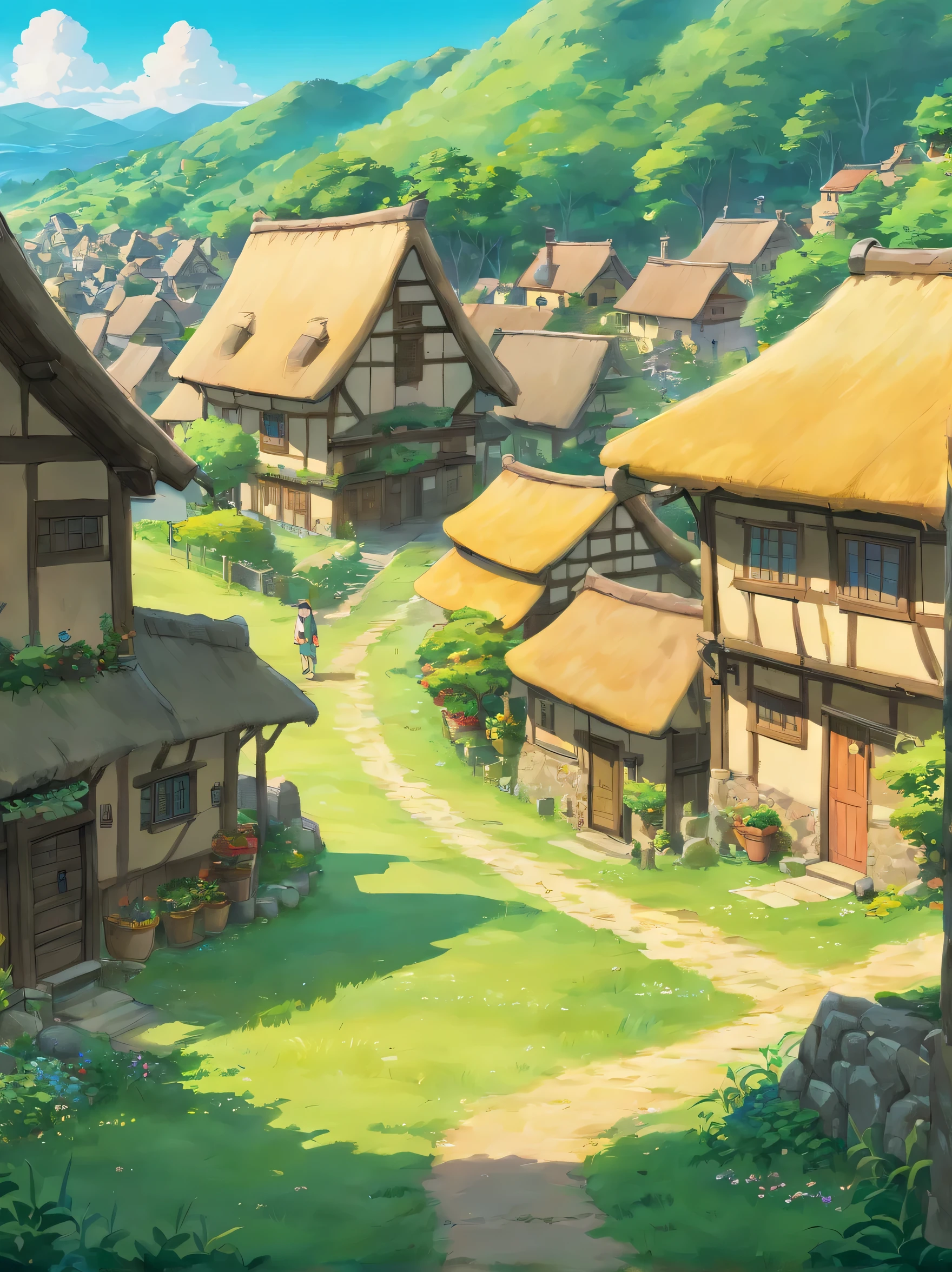 detailed realistic anime illustration of a cozy rustic village in a grand meadow