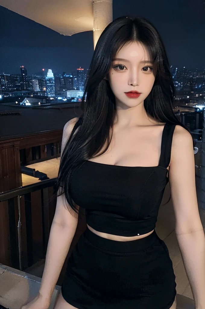 ((Midnight, Best quality, 8k, Masterpiece :1.3)), (close up), Sharp focus, A pretty woman with perfect figure, ((black hair, Big breasts)), (tight t-shirt, short skirt, Standing), ((Night city view, Rooftop)), Highly detailed face and skin texture, Detailed eyes, Double eyelid, cleavage