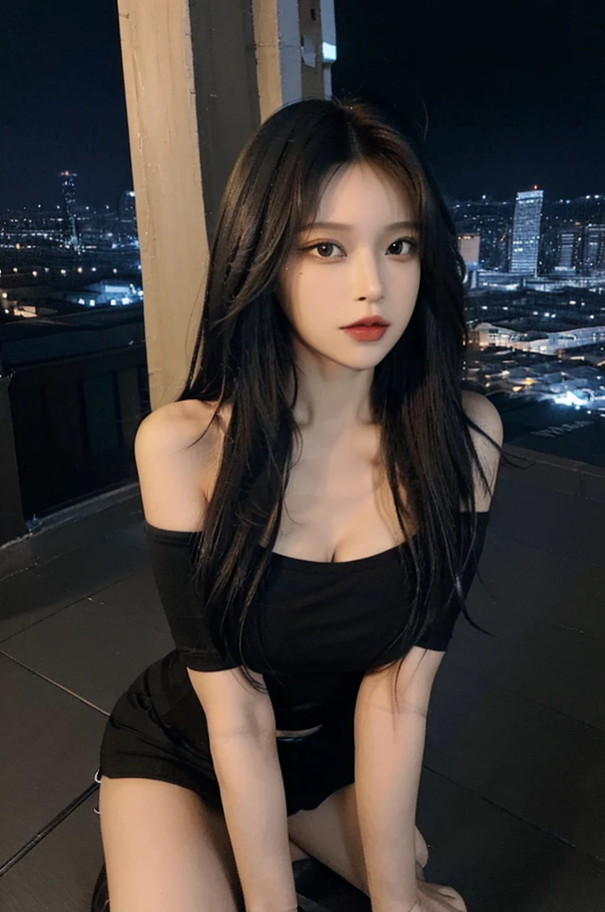 ((Midnight, Best quality, 8k, Masterpiece :1.3)), (close up), Sharp focus, A pretty woman with perfect figure, ((black hair, Big breasts)), (tight t-shirt, short skirt, Standing), ((Night city view, Rooftop)), Highly detailed face and skin texture, Detailed eyes, Double eyelid, cleavage