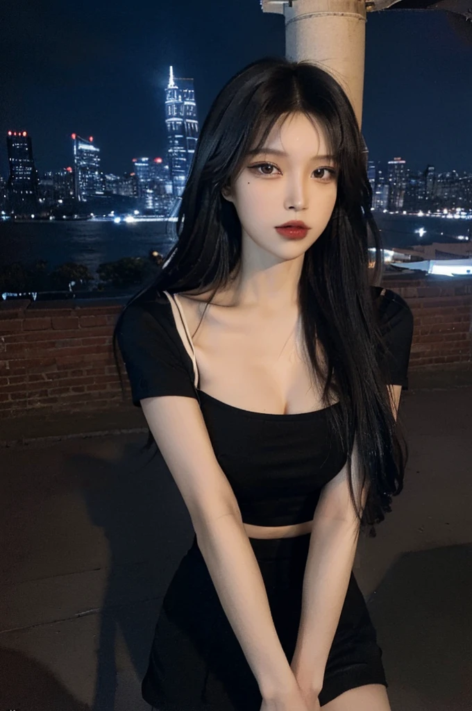 ((Midnight, Best quality, 8k, Masterpiece :1.3)), (close up), Sharp focus, A pretty woman with perfect figure, ((black hair, Big breasts)), (tight t-shirt, short skirt, Standing), ((Night city view, Rooftop)), Highly detailed face and skin texture, Detailed eyes, Double eyelid, cleavage