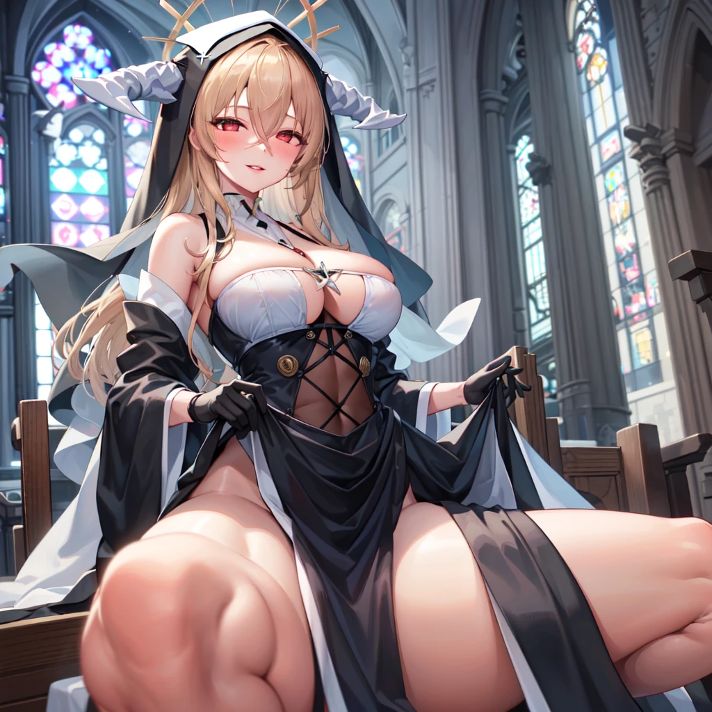 1 girl, Solitary, unyielding \(Blue Lane\), sitting, veil, nun, fake horns, Clothes lift, Black, between breasts, Hair between the eyes, Halo, Wide sleeves, Looking at the audience, Black gloves, , White, Smile, blush, Half closed eyes,Open your lips, (church)