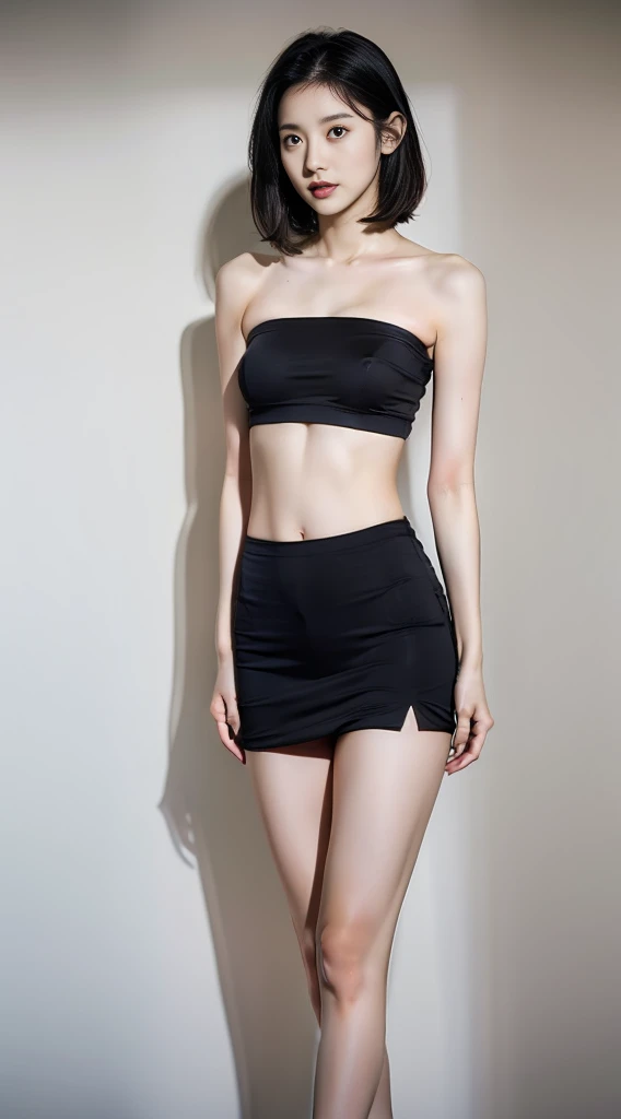 (Highly detailed body,Highly detailed face,Best quality at best:1.2) , very beautiful Korean young girl,20 years old girl, skinny slim body, thin body girl, visible to see her ribs,(slim arms, legs and thighs),A woman who is,(very tight small Black bandeau,outer shirt,JK short skirt), short hair,(Background room:1.4), beautiful tight round perfect breast (E cup size breasts1.2), tight round beautiful perfect butt, full body photo