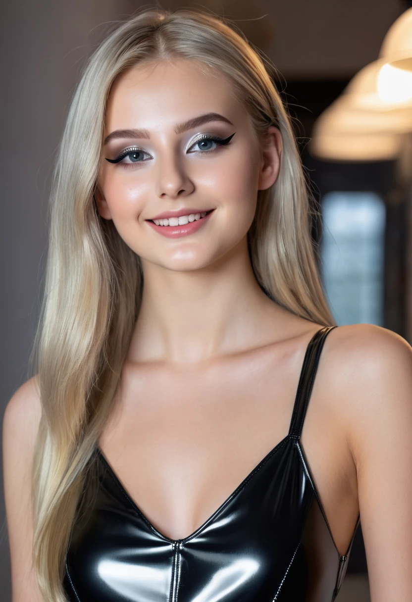 hyperrealistic beautiful 18-year-old women in shiny black-silver latex romper, model shooting photography, very long blonde straight hair, dark eye makeup with eyeliner, seductive smile, flashing , 8K, best quality, Meisterwerk, ultra high resolution, (Realismus: 1.4), Originalfoto, (realistische Hautstruktur: 1.3), (Filmkorn: 1.3), (Selfie-Winkel), 1 girl, Beautiful eyes and facial details, Meisterwerk, best quality,