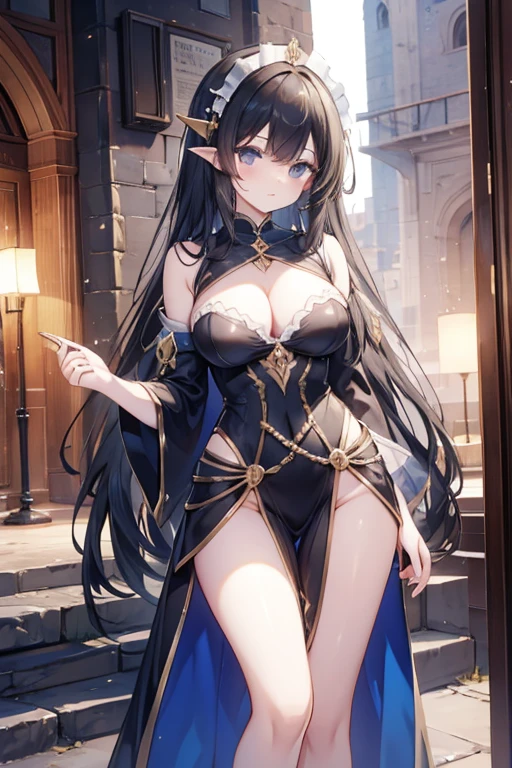 Fantasy sorceress Italian girl 25 years old, very long black hair, dressed as a medieval fantasy sorceress