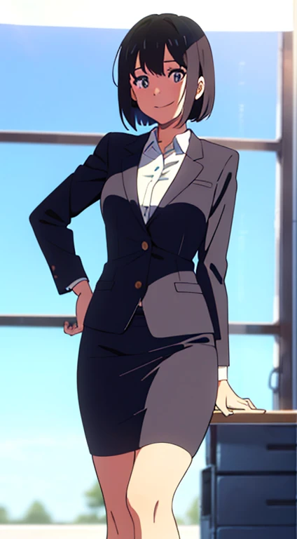 shinkai makoto, kimi no na wa., 1girl, bangs, black hair, blush, dark purple eyes, sky, cloud, looking at the viewer, outdoors, short hair, smile, solo, suit, office lady, black skirt, black blazer, pencil skirt, white shirt, collared shirt, brown pantyhose, ager,