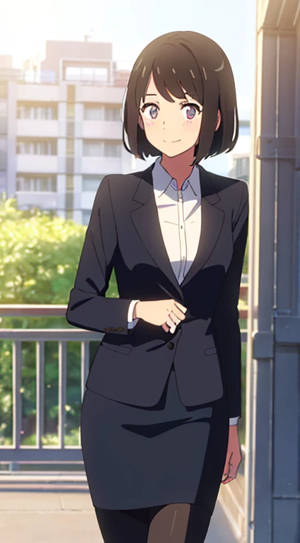 shinkai makoto, kimi no na wa., 1girl, bangs, black hair, blush, dark purple eyes, sky, cloud, looking at the viewer, outdoors, short hair, smile, solo, ​suit, office lady, black skirt, black blazer, pencil skirt, white shirt, collared shirt, brown pantyhose, teenager,