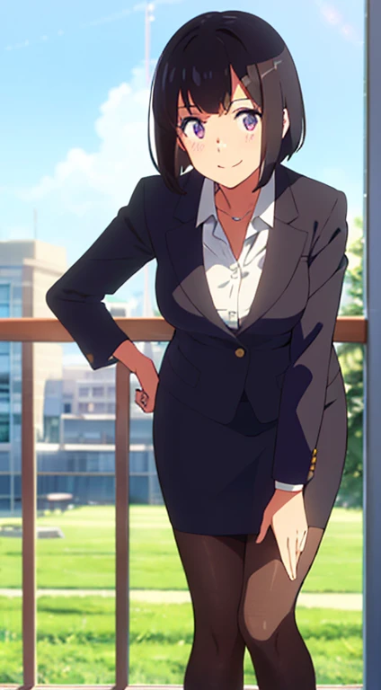 shinkai makoto, kimi no na wa., 1girl, bangs, black hair, blush, dark purple eyes, sky, cloud, looking at the viewer, outdoors, short hair, smile, solo, ​suit, office lady, black skirt, black blazer, pencil skirt, white shirt, collared shirt, brown pantyhose, teenager,