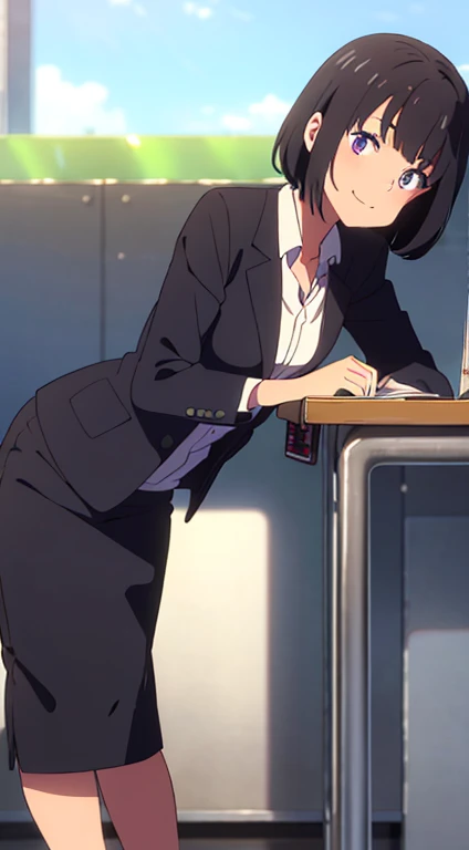 shinkai makoto, kimi no na wa., 1girl, bangs, black hair, blush, dark purple eyes, sky, cloud, looking at the viewer, outdoors, short hair, smile, solo, ​suit, office lady, black skirt, black blazer, pencil skirt, white shirt, collared shirt, brown pantyhose, teenager,