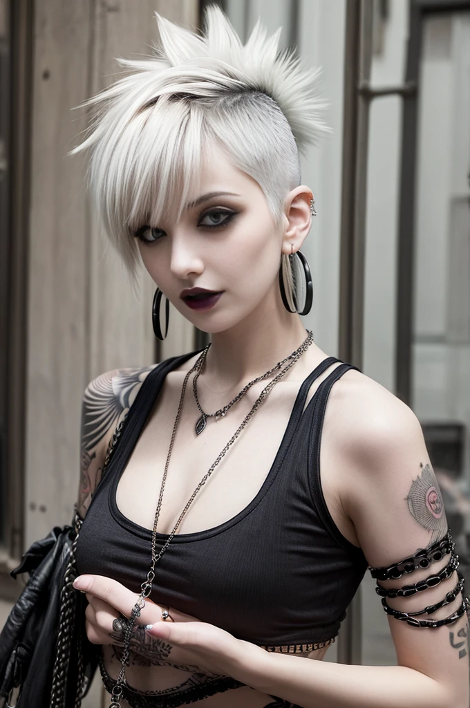 1girl, goth punk haircut, cropped tank top, facing viewer, nosering, flat bangs, tattoos, street, spiked hair, hoop earrings, chains, trashy woman, full body, piercings, pale skin, nose piercing, big breasts, serious