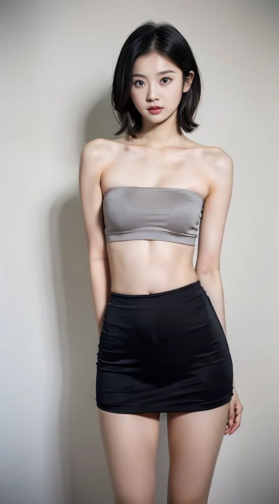 （Highly detailed body，Highly detailed face，Best quality at best：1.2） , very beautiful Korean young girl,20 years old girl, skinny slim body, very thin body girl, visible to see her ribs,(very slim arms, legs and thighs),A woman who is，（very tight small Black bandeau，outer shirt,JK short skirt）, short hair，（Background room：1.4）, beautiful tight round perfect breast (E cup size beautiful breasts1.2), tight round beautiful perfect butt, full body photo 