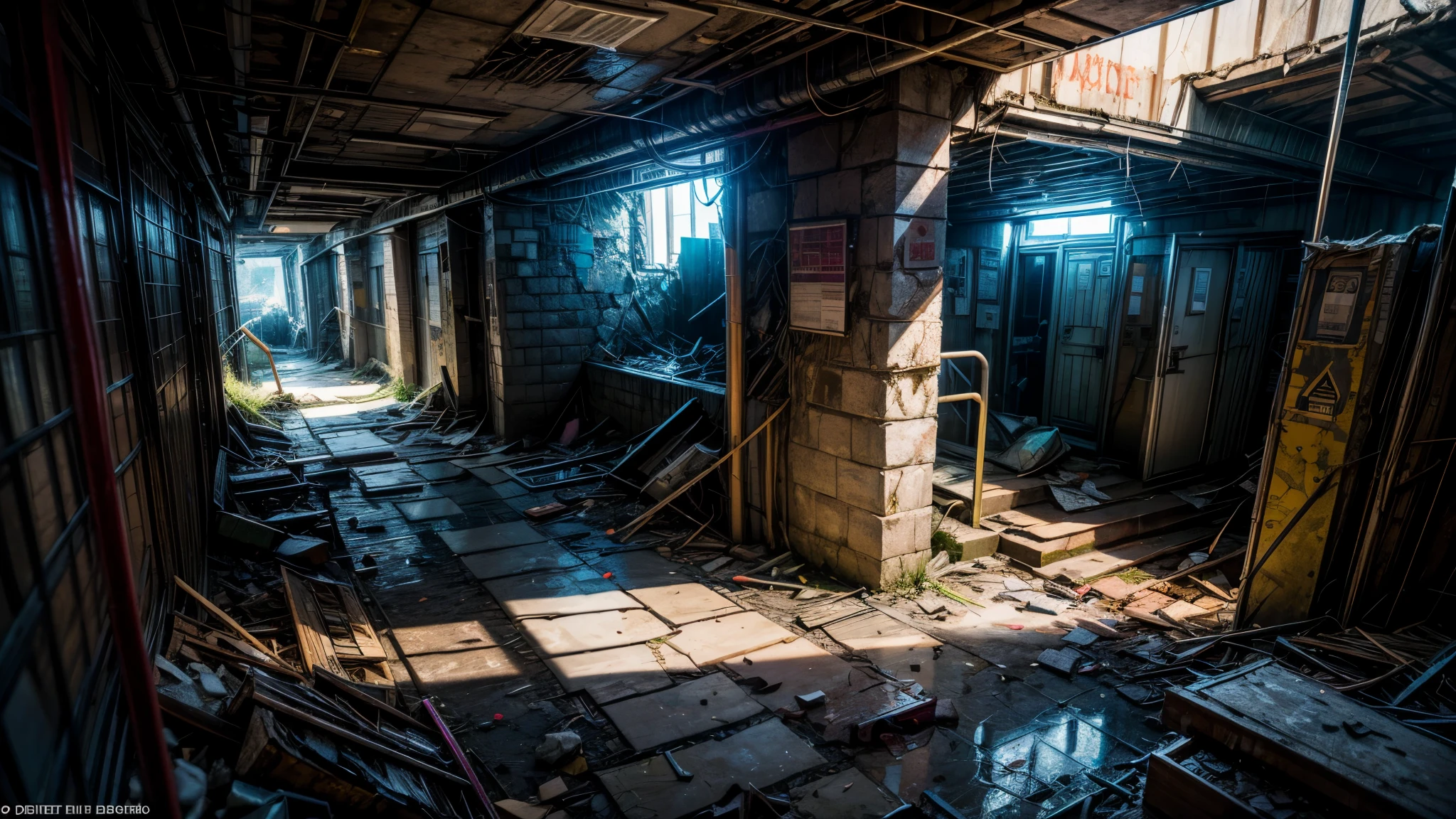 In the desolate aftermath of a cataclysmic event, the final photograph captures a haunting scene. A once-thriving city lies in ruins, its towering skyscrapers reduced to twisted metal and shattered glass. The remnants of modern warfare litter the streets, a grim testament to humanity’s folly. Futuristic technology, once cutting-edge, now lies dormant and useless. Ghostly echoes of life flicker in the shadows, hinting at the city’s former vibrancy., Deep underground, in the abandoned subway tunnels, survivors huddle together. Their faces bear the weight of loss and despair. Alien graffiti adorns the walls, cryptic symbols left behind by beings long gone. Above ground, the cityscape stretches out like a vast graveyard, its silence broken only by the mournful wind., Concept art rendered with painstaking detail reveals every cracked pavement, every rusted pipe, every shattered window. The style echoes that of the renowned artist Greg Rutkowski, capturing both the beauty and tragedy of a wo, wide shot, from above, highres, best quality, HD, 4K, masterpiece, high details