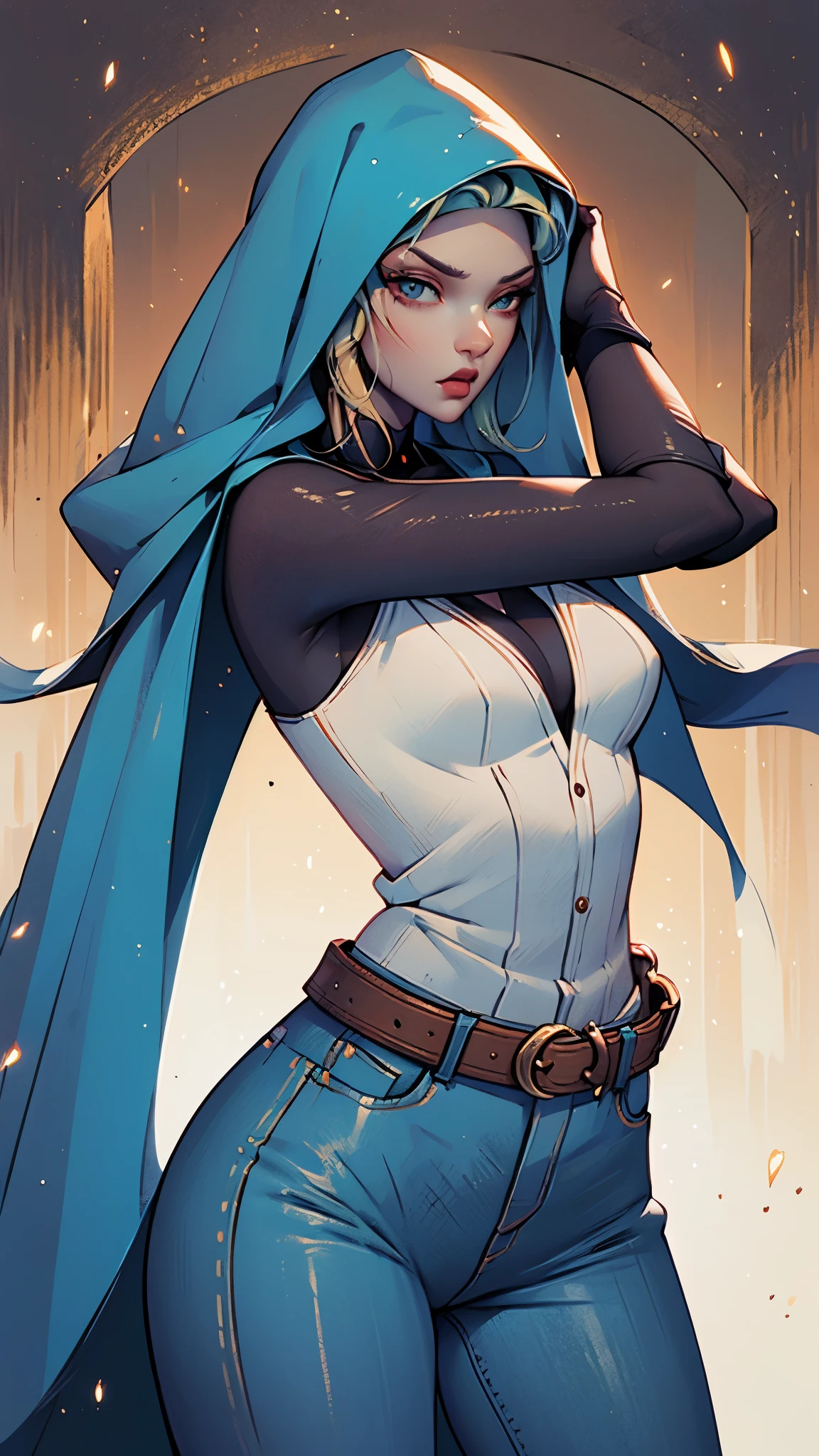 la mejor calidad posible, 8K Ultra Resolution, Stunning illustration, Lo mejor de todo, premiado, como ser el mejor, Cowboy hat Leather belt with buckle, armas en cada mano, Action pose Adds effect at the end., Chaqueta de cuero rosado, scarf neck length, Gafas de sol de color rosado:1.3, pantalones jeans claro rotos y desflecados, ((rosado, cian, Brown, verdes ,colores blancos: 1.5)), epic desert setting: 1.5, fotorrealista: 1.4, Textura de la piel: 1.4, super masterpiece, super detailed, hiper detallada, 32K