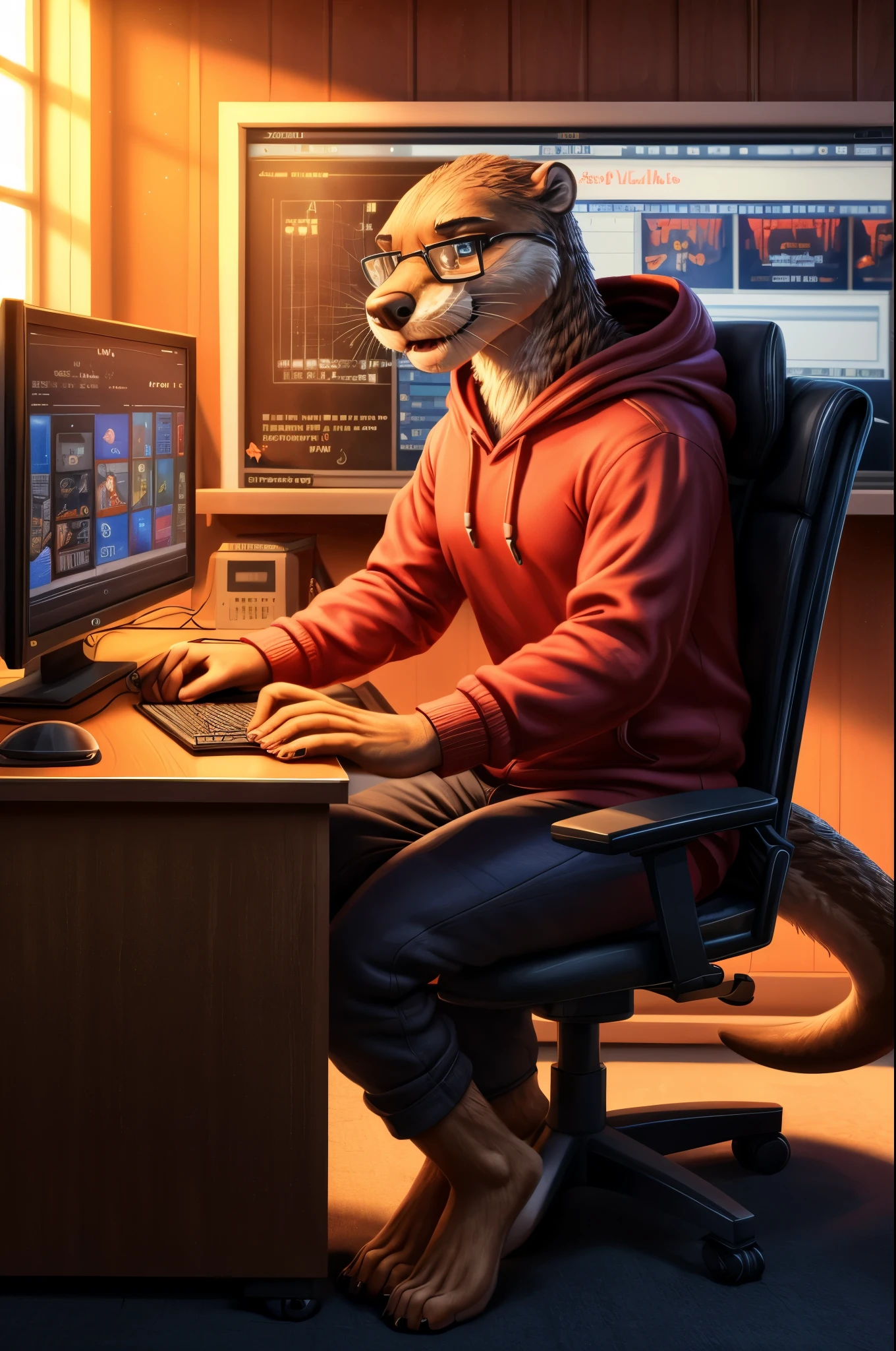 (((Barefoot furry character, full body, cinematic setting, furry male, plantigrade))) 

computer class scene with a tech-savvy otter ((teacher)) wearing a hoodie and glasses, sitting at a computer desk surrounded by monitors and circuit boards. This otter represents the evil embodiment of ICT as a school subject, depicting stereotypes and prejudices towards ICT teachers.

BREAK, detailed background, 8K, (masterpiece:1.5), intricate details, highly detailed, extreme detail, octane render, fine art, best quality, highres, (detailed face:1.5), ((full_body)), UHD, (((perfect hands))), low light