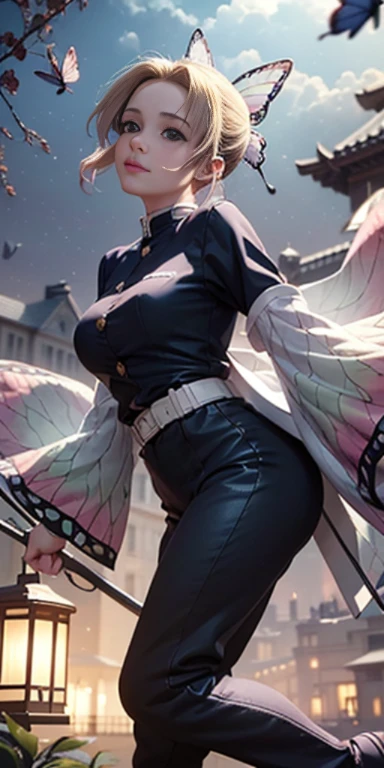 Hyper-realistic 8K CG,masterpiece,((Super detailed background, Exquisite pattern, intricate details)),best quality,very detailed Face,extremely detailed eyes and Face,extremely detailed eyes,Section Chief Ren,colorful hair,no bangs,hair intake,purple eyes,forehead,Black shirt,black pants,Haori,Butterfly,buttons,belt,(garden:1.2),purple flower,chibi,cloudy Sky,Sunlight,Tyndall effect,slope_Sky,Face,Gorgeous Sky,Waist knife,charming pose,(work of art), (masterpiece), (best quality), a blonde girl, (blue eyes), wearing nothing, brightly lit night city background, red bow, butterflies in golden circle, flowing hair , but g , full figure head to toes , standing beside poles , showing beautiful backside,back angel wearing high heels