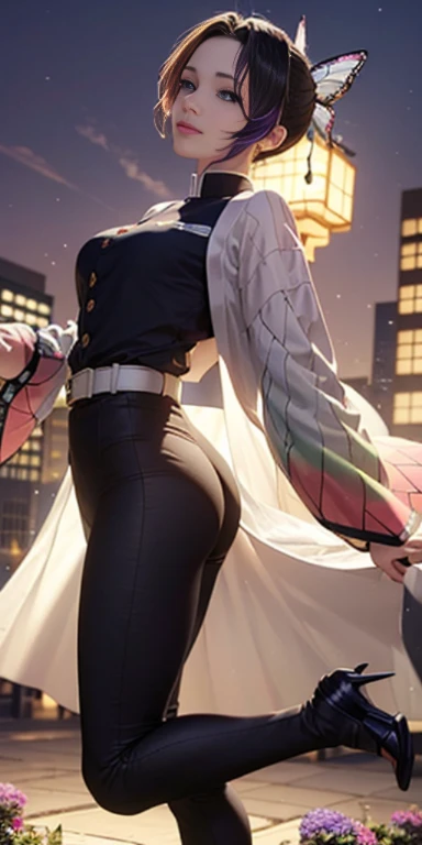 Hyper-realistic 8K CG,masterpiece,((Super detailed background, Exquisite pattern, intricate details)),best quality,very detailed Face,extremely detailed eyes and Face,extremely detailed eyes,Section Chief Ren,colorful hair,no bangs,hair intake,purple eyes,forehead,Black shirt,black pants,Haori,Butterfly,buttons,belt,(garden:1.2),purple flower,chibi,cloudy Sky,Sunlight,Tyndall effect,slope_Sky,Face,Gorgeous Sky,Waist knife,charming pose,(work of art), (masterpiece), (best quality), a blonde girl, (blue eyes), wearing nothing, brightly lit night city background, red bow, butterflies in golden circle, flowing hair , but g , full figure head to toes , standing beside poles , showing beautiful backside,back angel wearing high heels