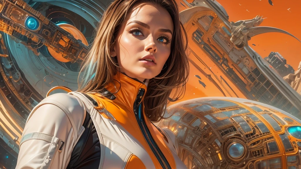 arafed image of a white woman in a futuristic suit with a spaceship in the background, movie art, in front of an orange background, inspired by Robert McGinnis, female protagonist, megastructure in the background, portrait of an ai astronaut, astronauts, an astronaut, portrait of a astronaut skeletor, perfect android girl, detailed eyes, frank franzzeta and sakimichan