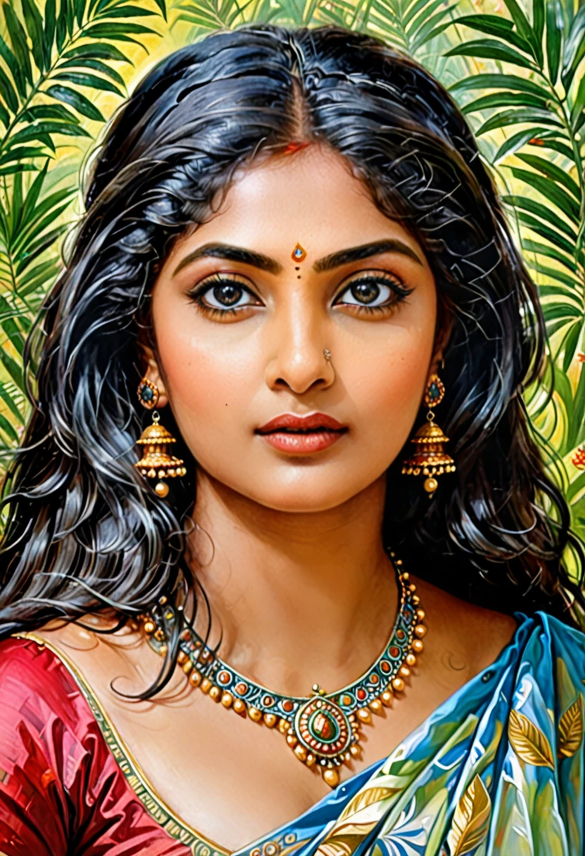 rmx, Looks like Kamalinee, exotic Indian art, oviyar maruthi style painting, Masterpiece, Beautiful Thick Woman, Best quality, high clarity eyes, critically flawless,sharp picture, Full portrait, High pixels, perfect face, perfect eyes, beautiful face, perfect hands,perfect fingers, in Peter Paul Rubens style, by Peter Paul Rubens, baroque style, acrylic on canvas, highly detailed, description: "Create a nymph inspired by the tales of Greek or Roman mythology, embodying the essence of a natural element or location, and possessing a unique ability or trait that sets her apart."