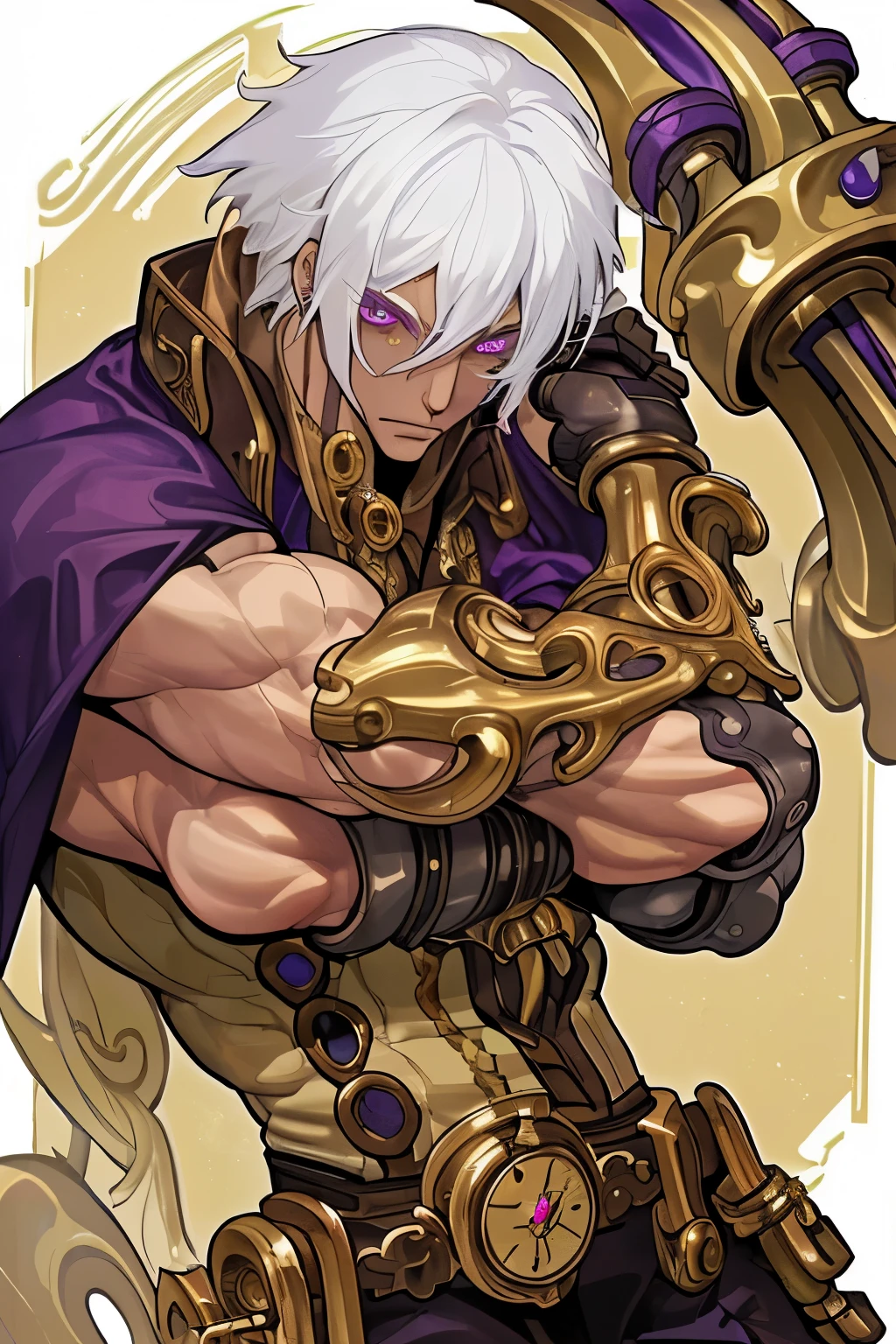 ((melhor qualidade)), god, white hair, strong, homem, gold arms, biceps, purple eye, steampunk.