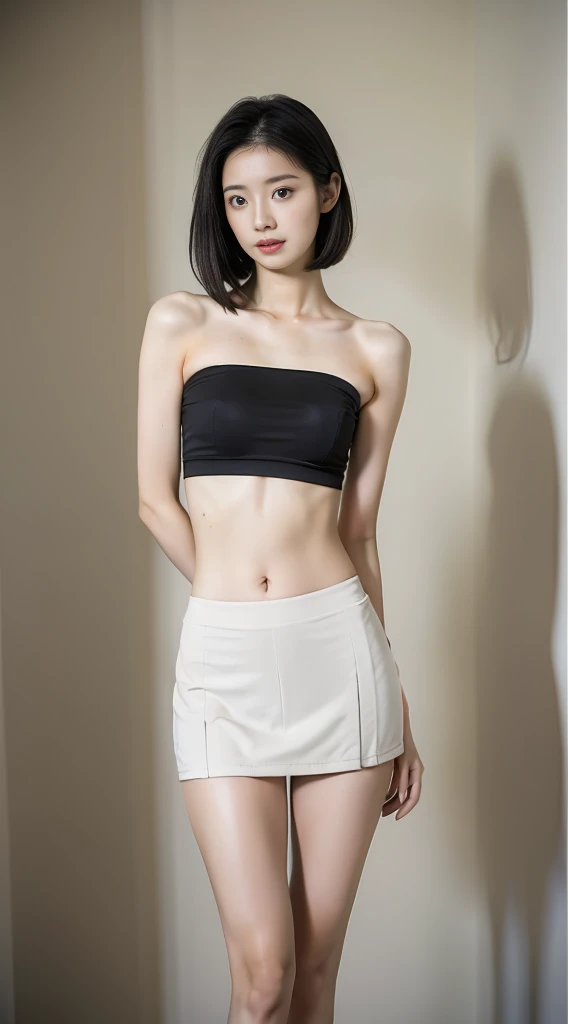 （Highly detailed body，Highly detailed face，Best quality at best：1.2） , very beautiful Korean young girl,20 years old girl, skinny slim body, very thin body girl, visible to see her ribs,(very slim arms, legs and thighs),A woman who is，（very tight small Black bandeau(without bra)，outershirt,JK short skirt）, short hair，（Background room：1.4）, beautiful tight round perfect breast (E cup size beautiful breasts1.2), tight round beautiful perfect butt, full body photo 