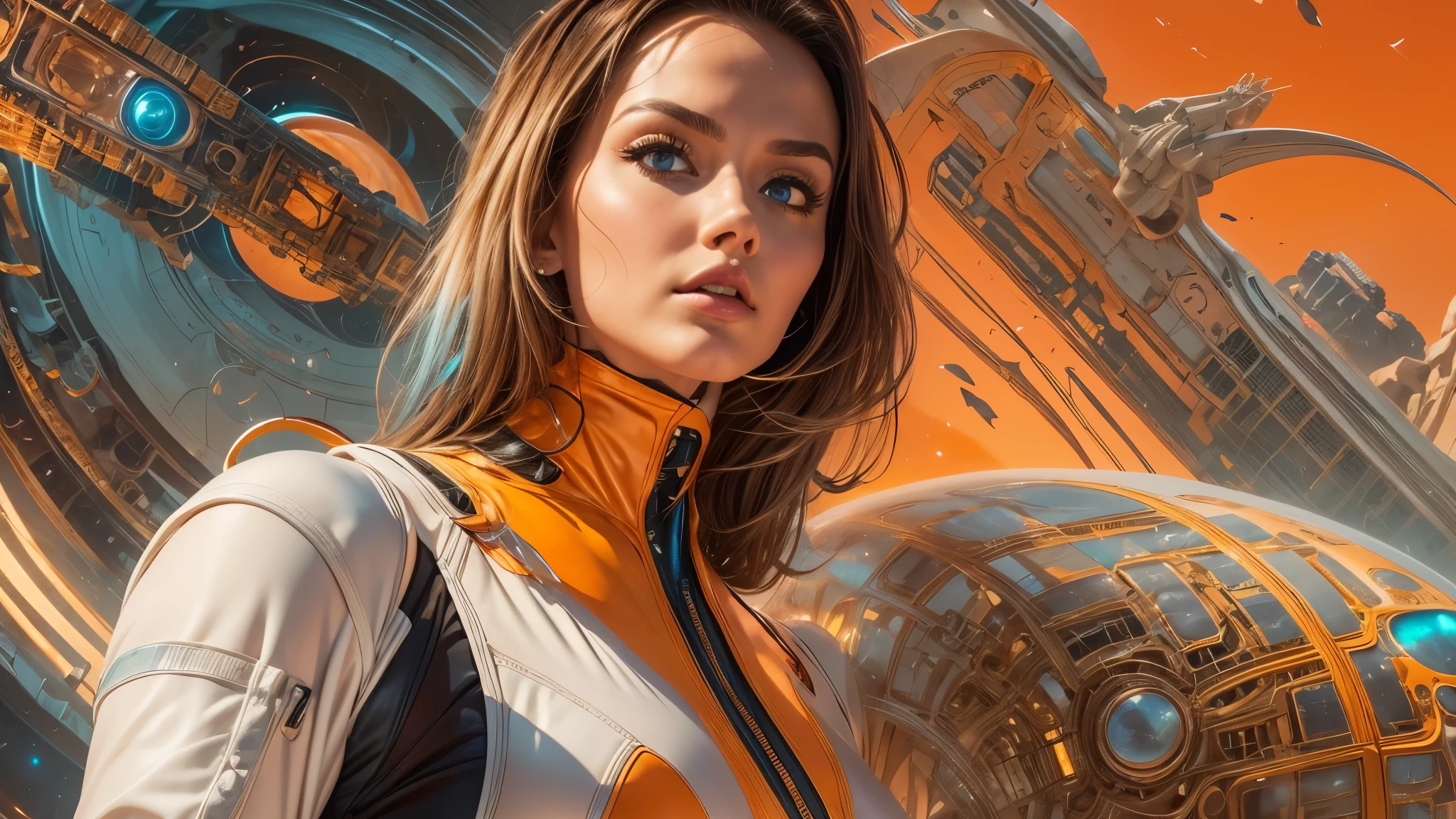 arafed image of a white woman in a futuristic suit with a spaceship in the background, movie art, in front of an orange background, inspired by Robert McGinnis, female protagonist, megastructure in the background, portrait of an ai astronaut, astronauts, an astronaut, portrait of a astronaut skeletor, perfect android girl, detailed eyes, frank franzzeta and sakimichan