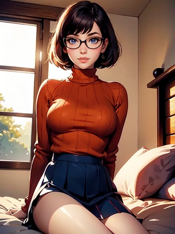 hd, 8K quality, masterpiece, velma, Dream Girl Giant , Beautiful Face, Kissing Lips, short bob hairstyle, Long Bangs, Perfect Makeup, Realistic Face, Fine grain, blue eyes, Brunette Hair, eyelash, smile, Bedroom, Sitting on the bed, Show Mekosuji, Judging the beholder, Orange knit turtleneck sweater, Clear lens glasses, Red school girl skirt, View from below,