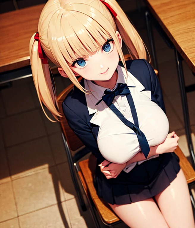 ((highest quality)), ((masterpiece)), (detailed), Anime 2D Rendering, Realistic young anime woman, Perfect Face, high school student、Beautiful girl、Baby Face、Slanted Eyes、blue eyes、Blonde、Twin tails with red ribbon、smile、Thighs、Outstanding style、nice buddy、glamorous、blazer 、Black Pantyhose、loafers、classroom、Sitting in a chair、From behind、panties、 skirt、A view from a little above