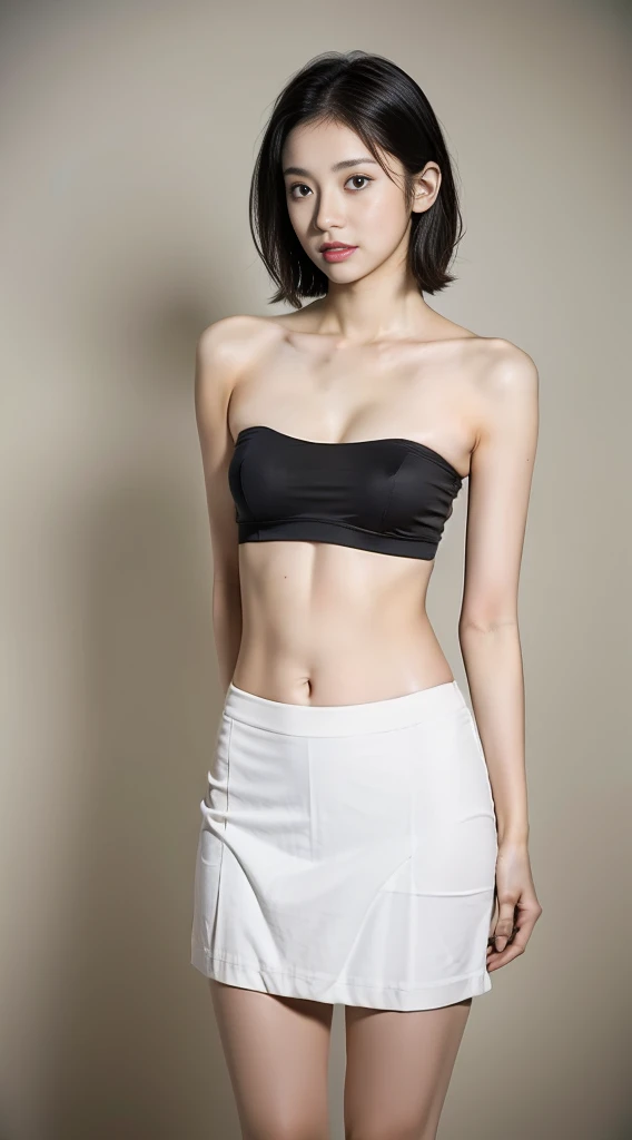 (Highly detailed body,Highly detailed face,Best quality at best:1.2) , very beautiful Korean young girl,20 years old girl, skinny slim body, visible to see her ribs,(very slim arms, legs and thighs),A woman who is,(very tight small Black bandeau(without bra),outershirt,JK short skirt), short hair,(Background room:1.4), beautiful tight round perfect breast (E cup size beautiful breasts1.2), tight round beautiful perfect butt, full body photo