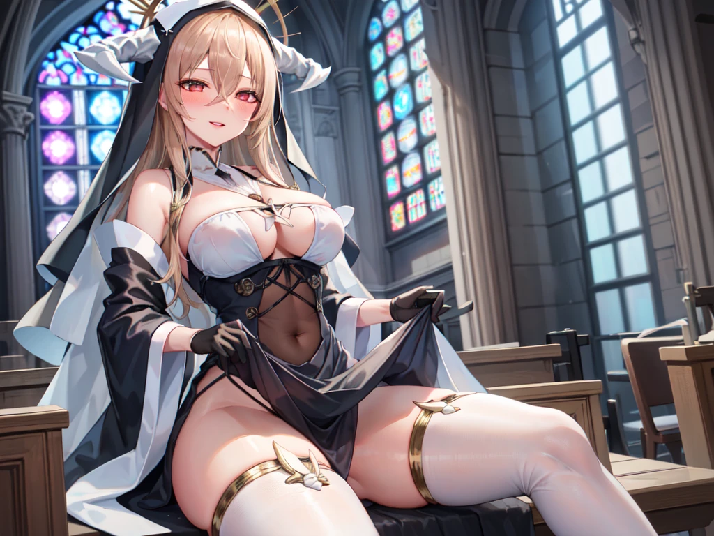 1 girl, Solitary, unyielding \(Blue Lane\), sitting, veil, nun, fake horns, Clothes lift, Black, between breasts, Hair between the eyes, Halo, Wide sleeves, Looking at the audience, Black gloves, , White, Smile, blush, Half closed eyes,Open your lips, (church)