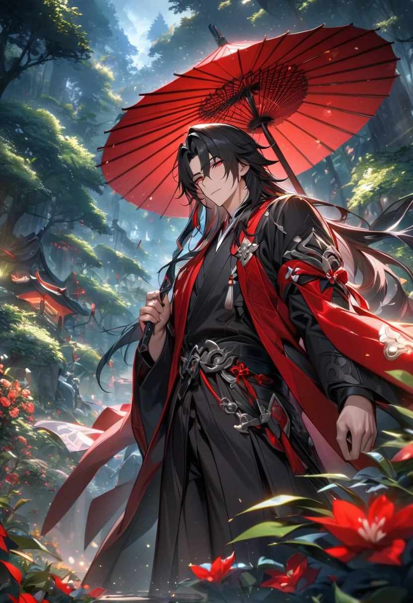 absurdres, highres, ultra detailed, HDR, master piece, best quality, Blade, black long hair, expressive crimson eyes, 1 adult man, grabbing a red paper umbrella, extremely handsome, black kimono, red haori, Honkai star rail, extremely detailed face and eyes, magical forest, green leaves, flowers, trees, night