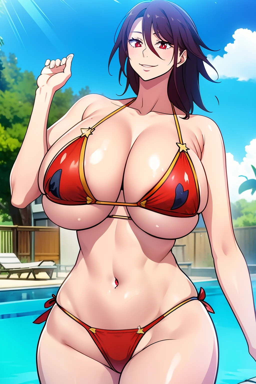 An anime-style artwork depicting Mizuki_Shiranui from the game Honkai star rail.

Tags: Mizuki_Shiranui, anime, detailed eyes, detailed lips, (micro bikini : 1.4), smiling expression, intense gaze, (lying on sun lounger), outdoor, pool, vibrant colors, digital art, high-resolution, professional quality, gigantic breasts, curvy, cowboy shot, (gigantic breasts: 1.4), (red eyes:1.4),