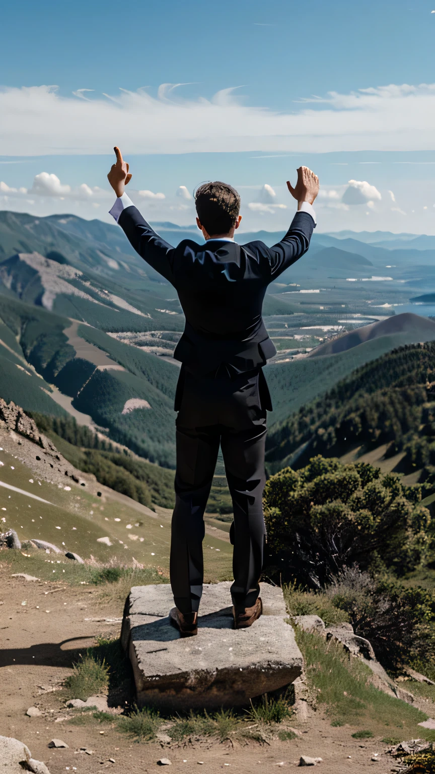 A gentleman standing on the top of a mountain celebrating his success.