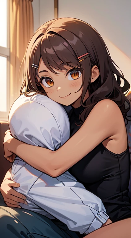 masterpiece, best quality, ultra detailed, 8k,2 people,(couple, 1little boy and 1elder girl:1.2), (hug:1.1), upper body, happy, sitting, sofa, BREAK solo,(tall, big female, tanned skin, medium breasts, young, 20 years old, medium hair, wavy hair, brown hair, hairclip, light smile, cami top) BREAK solo, little boy, kids, cute, black hair