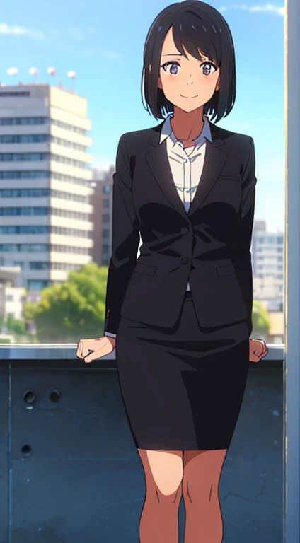 shinkai makoto, kimi no na wa., 1girl, bangs, black hair, blush, dark purple eyes, sky, cloud, looking at the viewer, outdoors, short hair, smile, solo, suit, office lady, black skirt, black blazer, pencil skirt, white shirt, collared shirt, brown pantyhose, ager,