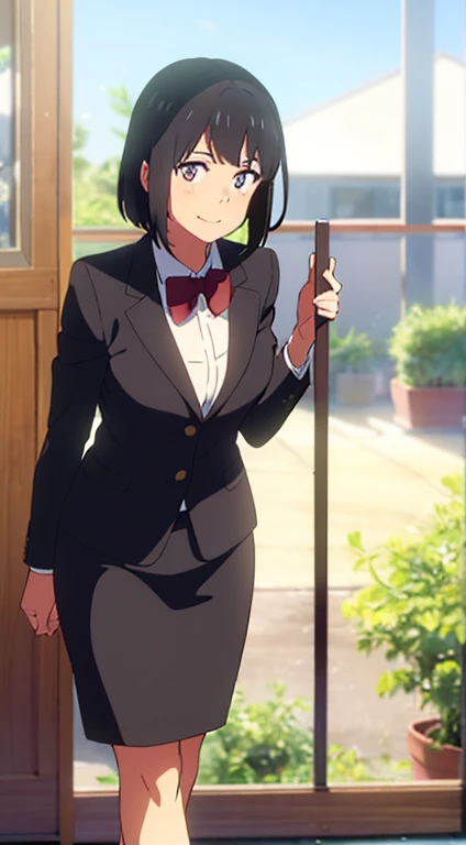 shinkai makoto, kimi no na wa., 1girl, bangs, black hair, blush, dark purple eyes, sky, cloud, looking at the viewer, outdoors, short hair, smile, solo, suit, office lady, black skirt, black blazer, pencil skirt, white shirt, collared shirt, brown pantyhose, teenager,