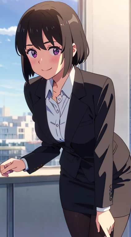 shinkai makoto, kimi no na wa., 1girl, bangs, black hair, blush, dark purple eyes, sky, cloud, looking at the viewer, outdoors, short hair, smile, solo, suit, office lady, black skirt, black blazer, pencil skirt, white shirt, collared shirt, brown pantyhose, teenager,