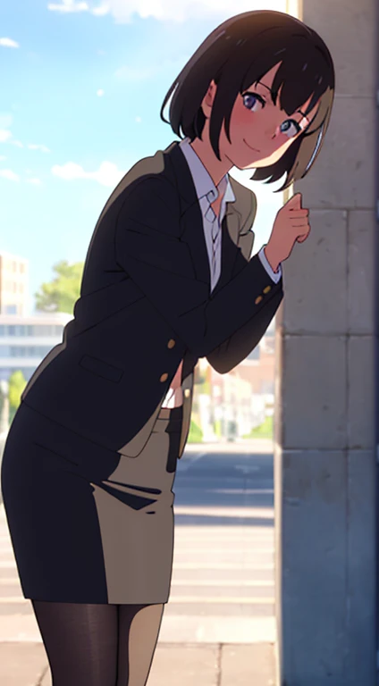 shinkai makoto, kimi no na wa., 1girl, bangs, black hair, blush, dark purple eyes, sky, cloud, looking at the viewer, outdoors, short hair, smile, solo, suit, office lady, black skirt, black blazer, pencil skirt, white shirt, collared shirt, brown pantyhose, teenager,