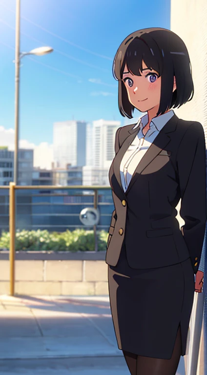 shinkai makoto, kimi no na wa., 1girl, bangs, black hair, blush, dark purple eyes, sky, cloud, looking at the viewer, outdoors, short hair, smile, solo, ​suit, office lady, black skirt, black blazer, pencil skirt, white shirt, collared shirt, brown pantyhose, teenager,