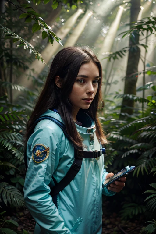 Astronaut: A woman in a white and gold spacesuit, with helmet and backpack. She holds a glow stick in one hand and a tablet in the other.
Forest: Tall, vibrant trees with leaves in shades of purple, blue and green. Exotic plants with bioluminescent flowers illuminate the forest floor.
Animals: Peaceful alien creatures graze among the trees. A small furry animal with big curious eyes approaches the astronaut.
Additional details: Sunbeams filter through the tree canopy, creating an effect of light and shadow. A crystal clear waterfall flows in the background of the scene. In the sky, stars and galaxies can be seen through the space haze.
Style:
Realistic, with a focus on details and textures.
Vibrant colors and dramatic lighting.
A sense of wonder and discovery.
Example prompts:
A realistic photo of an astronaut exploring a lush alien forest.
A digital painting of a female astronaut in a white and gold spacesuit walking through a forest with purple, blue and green trees.
A watercolor illustration of an astronaut holding a glow stick and a tablet while observing a small furry alien animal in a bioluminescent forest.
An anime-style image of an astronaut with big eyes and long hair, exploring a magical forest with fantastic creatures.
A 3D photo of an astronaut on an alien planet, surrounded by exotic plants and animals.