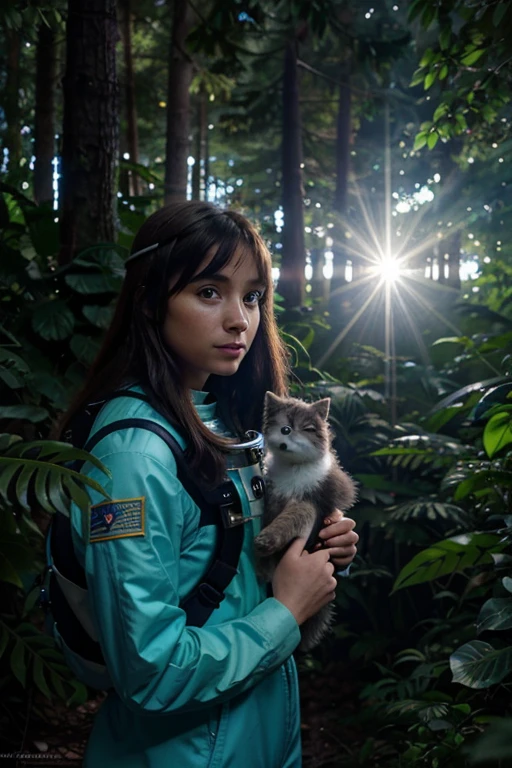 Astronaut: A woman in a white and gold spacesuit, with helmet and backpack. She holds a glow stick in one hand and a tablet in the other.
Forest: Tall, vibrant trees with leaves in shades of purple, blue and green. Exotic plants with bioluminescent flowers illuminate the forest floor.
Animals: Peaceful alien creatures graze among the trees. A small furry animal with big curious eyes approaches the astronaut.
Additional details: Sunbeams filter through the tree canopy, creating an effect of light and shadow. A crystal clear waterfall flows in the background of the scene. In the sky, stars and galaxies can be seen through the space haze.
Style:
Realistic, with a focus on details and textures.
Vibrant colors and dramatic lighting.
A sense of wonder and discovery.
Example prompts:
A realistic photo of an astronaut exploring a lush alien forest.
A digital painting of a female astronaut in a white and gold spacesuit walking through a forest with purple, blue and green trees.
A watercolor illustration of an astronaut holding a glow stick and a tablet while observing a small furry alien animal in a bioluminescent forest.
An anime-style image of an astronaut with big eyes and long hair, exploring a magical forest with fantastic creatures.
A 3D photo of an astronaut on an alien planet, surrounded by exotic plants and animals.