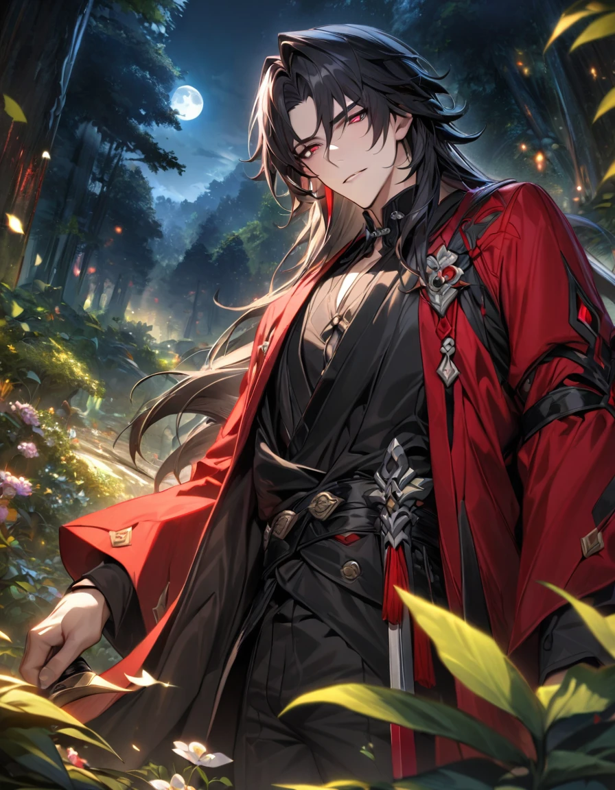 absurdres, highres, ultra detailed, HDR, master piece, best quality, Blade, black long hair, expressive crimson eyes, 1 adult man, extremely handsome, black kimono, red haori, Honkai star rail, extremely detailed face and eyes, magical forest, green leaves, flowers, trees, night, moon