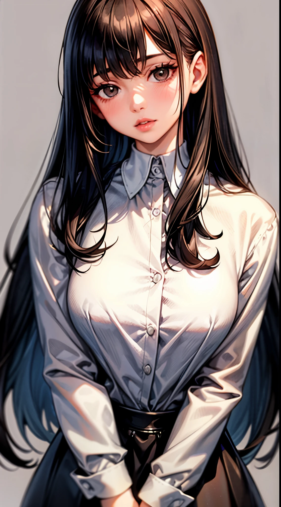 1girl,solo,black hair,simple background,long hair,realistic,lips,bangs,black eyes,upper body,looking at viewer,dress,shirt,brown hair,long sleeves,