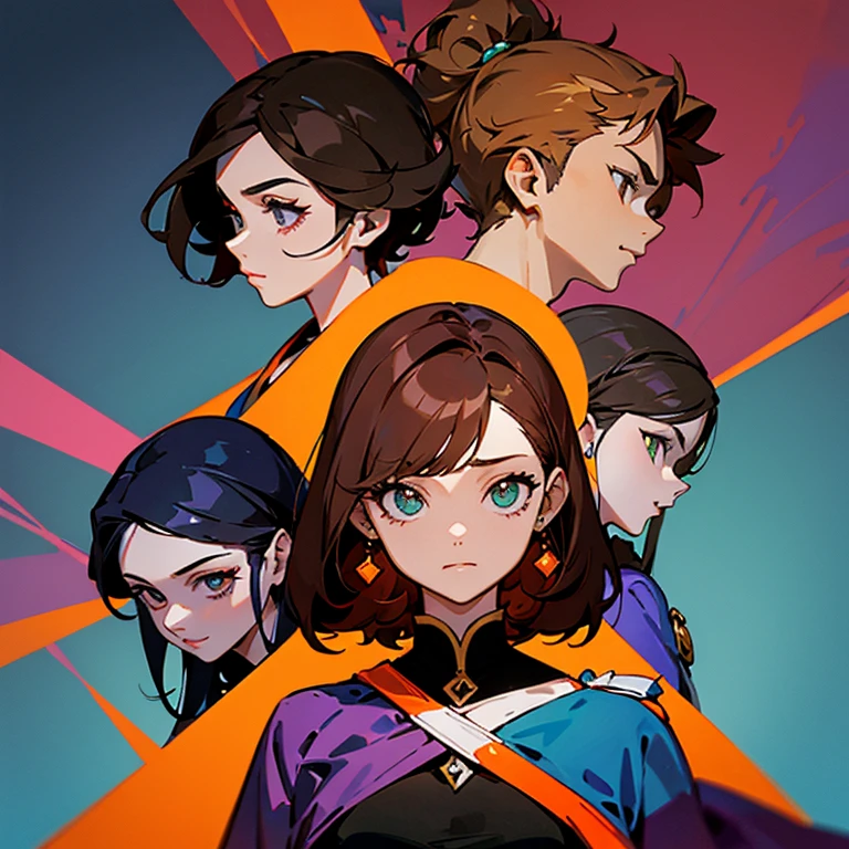 Un grupo de 7 personas, dos hombres y 5 mujeres, una mujer con pelo rojo, otra mujer con pelo naranja, la otra mujer con pelo amarillo, and another two with brown hair with blue and light blue highlights, otra de pelo violeta, a man with brown hair and green highlights, otro hombre con pelo rosado.