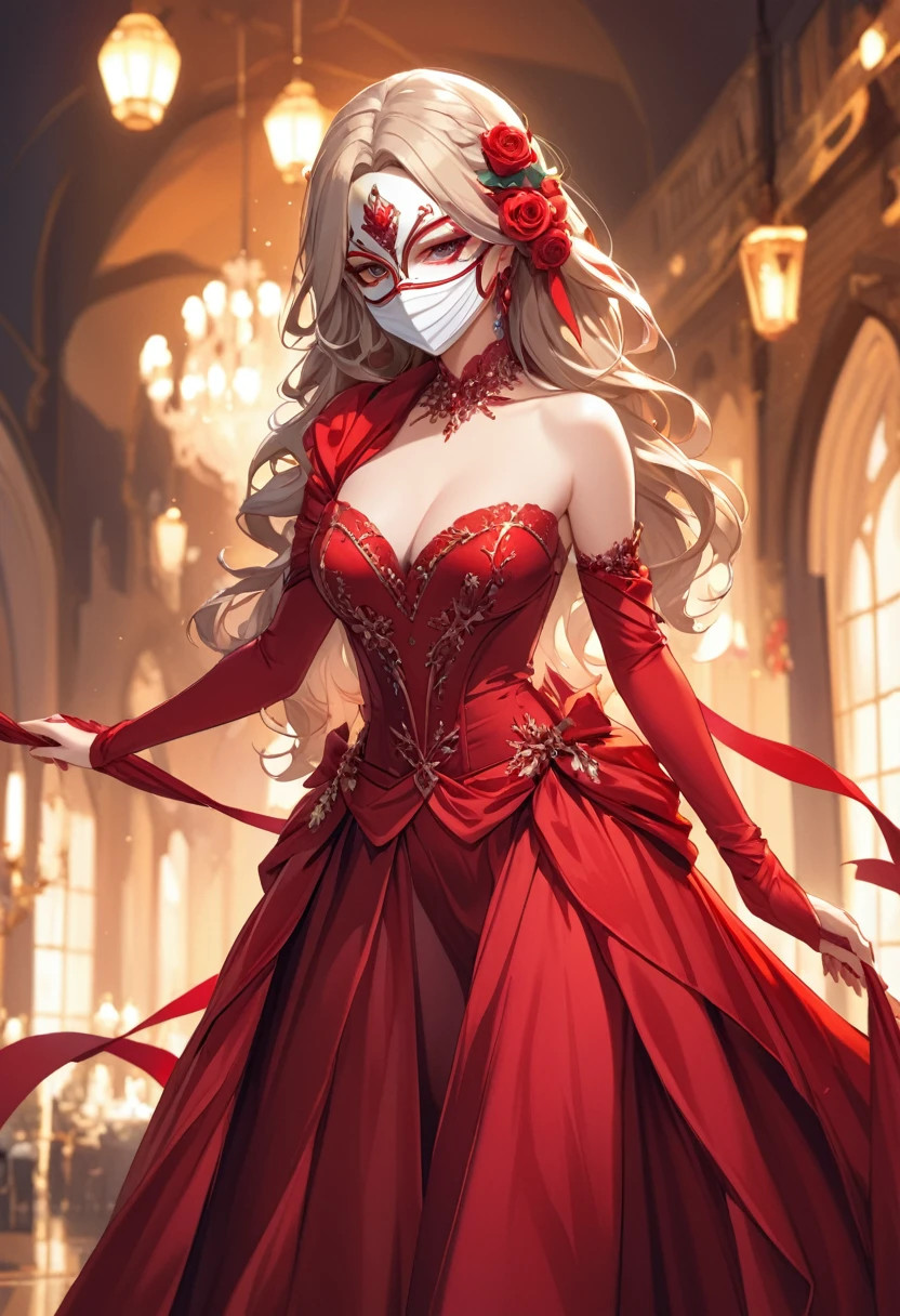 1 femme, longs cheveux blonds, yeux roses, masked face, robe de bal rouge, Princesse, chef-d'best quality work