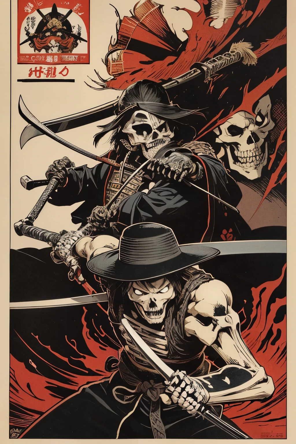 Japanese samurai in the form of a skeleton holds katanas, in the form of a comic, vintage, Japanese hat on head, in the style of Dan Mumford, japanese poster,  Rob Ray and Kentaro in Miura style