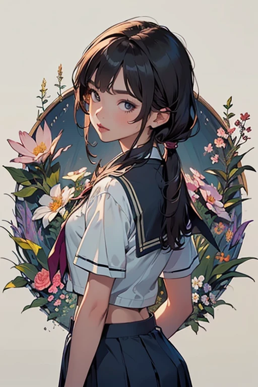 (masterpiece,super high quality),(Ultra-detailed,Perfect drawing),
Botanical Art,flower art,Art Deco,(Floral:1.2),Vibrant colors,colorful,
Amazing details, Anatomically correct,
alone,girl,(school uniform: 1.5),
(Shooting from below at an angle),Accurate drawing,Detail view,luxury,Open,functional,