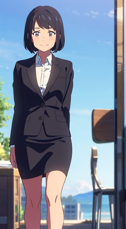 shinkai makoto, kimi no na wa., 1girl, bangs, black hair, blush, dark purple eyes, sky, cloud, looking at the viewer, outdoors, short hair, smile, solo, ​suit, office lady, black skirt, black blazer, pencil skirt, white shirt, collared shirt, brown pantyhose, teenager,