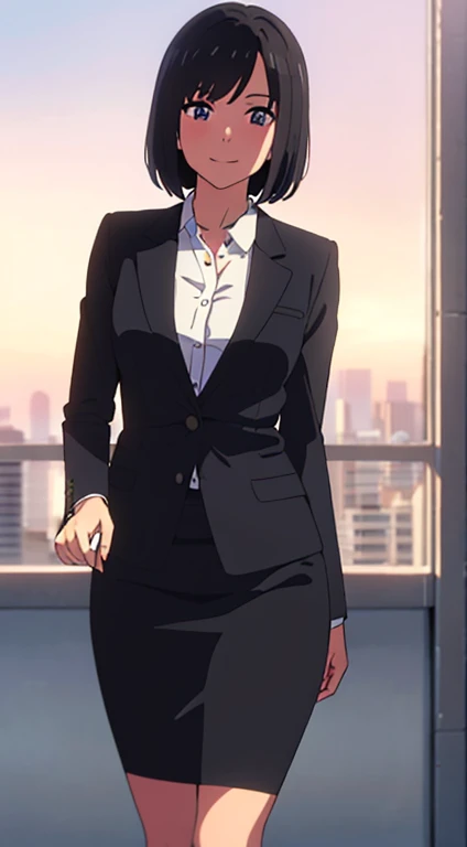 shinkai makoto, kimi no na wa., 1girl, bangs, black hair, blush, dark purple eyes, sky, cloud, looking at the viewer, outdoors, short hair, smile, solo, ​suit, office lady, black skirt, black blazer, pencil skirt, white shirt, collared shirt, brown pantyhose, teenager,