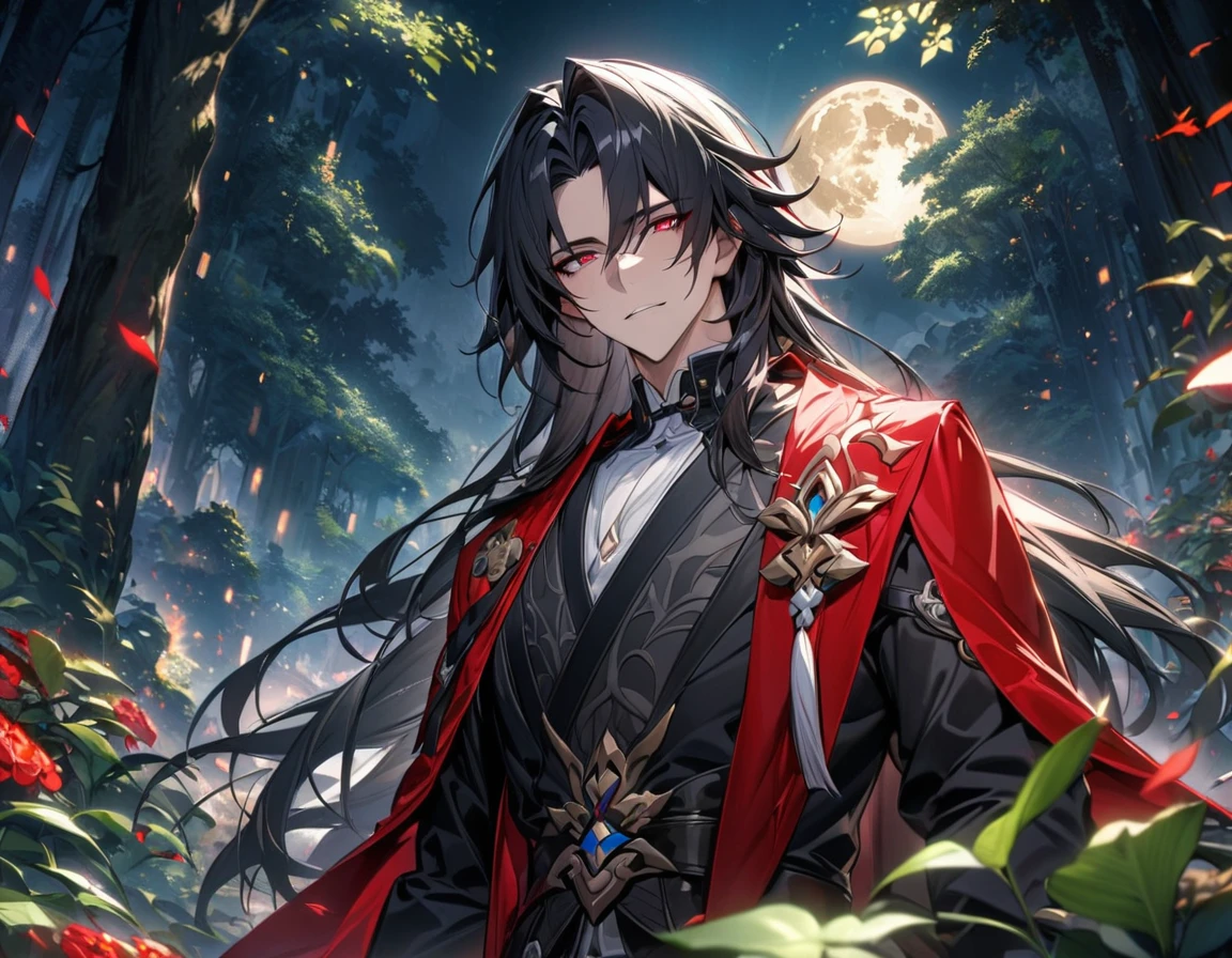 absurdres, highres, ultra detailed, HDR, master piece, best quality, Blade, black long hair, expressive crimson eyes, 1 adult man, extremely handsome, black kimono, red haori, Honkai star rail, extremely detailed face and eyes, magical forest, green leaves, flowers, trees, night, moon