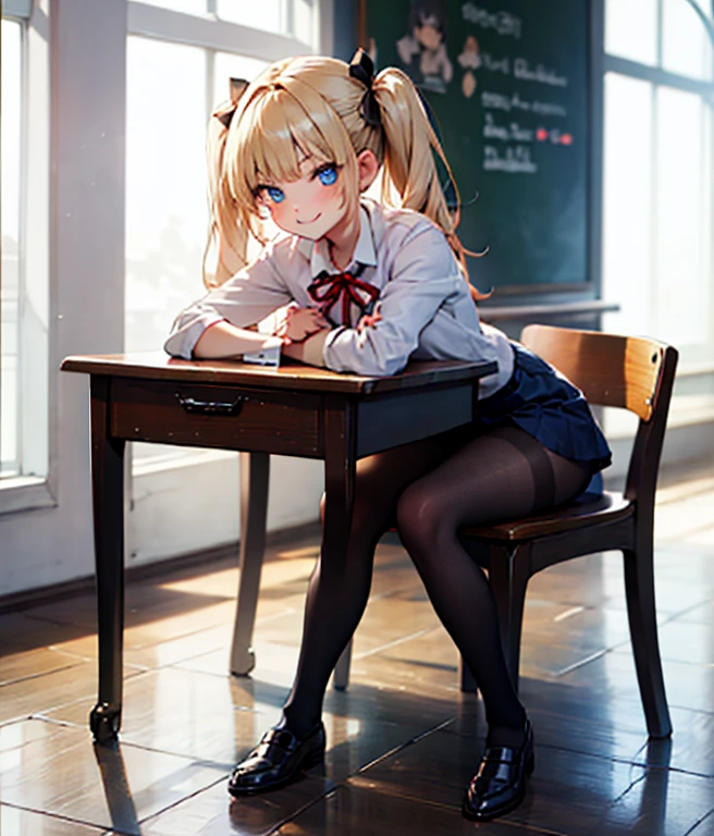 ((highest quality)), ((masterpiece)), (detailed), Anime 2D Rendering, Realistic young anime woman, Perfect Face, high school 、Beautiful girl、Baby Fad Eyes、blue eyes、Blonde、Twin tails with red ribbon、smile、Thighs、Outstanding style、nice buddy、glamorous、blazer 、Black Pantyhose、loafers、classroom、Chair、From behind、panties、
